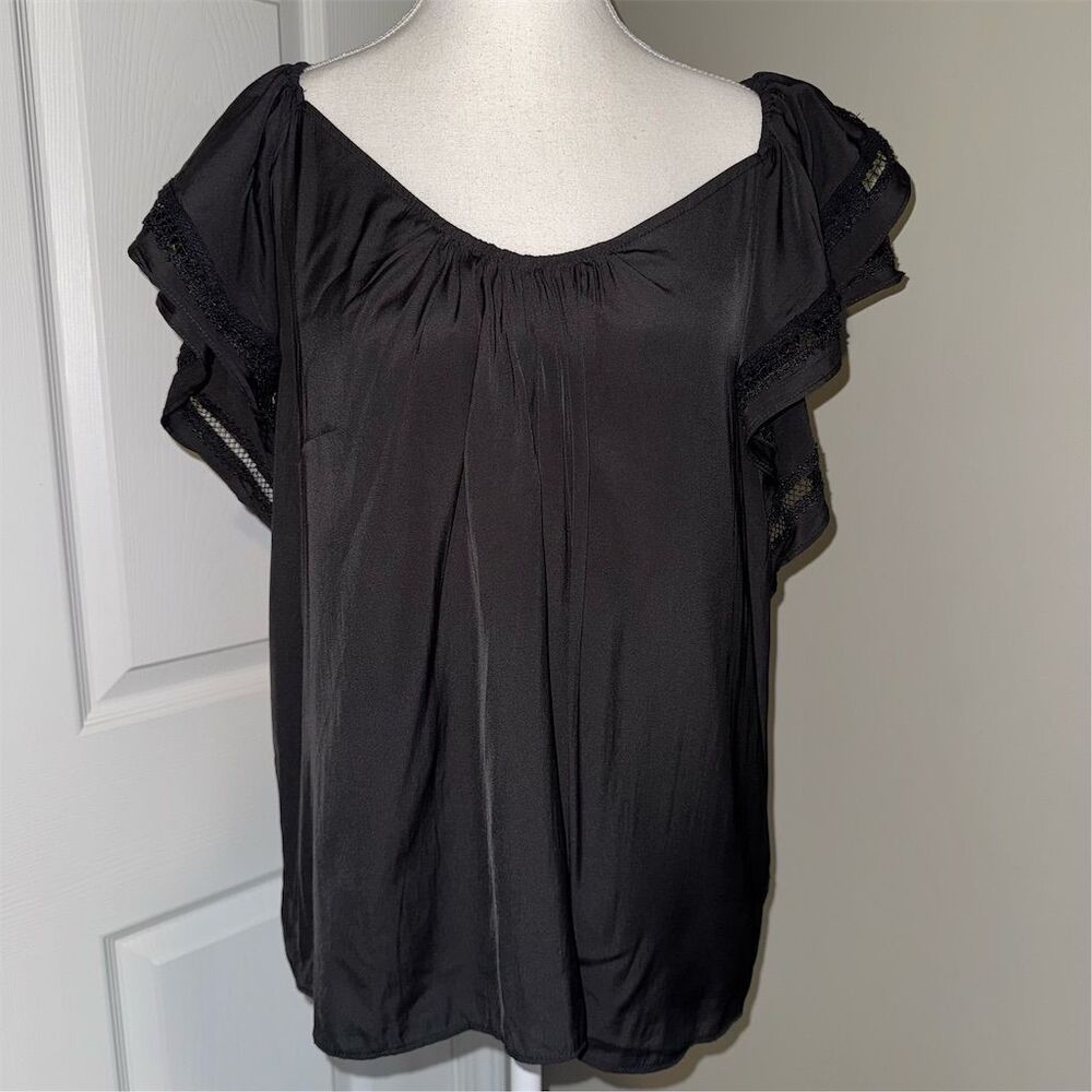Philosophy Republic Women's V-Neck Black Flowy‎ Flutter Sleeve Blouse Top Size M